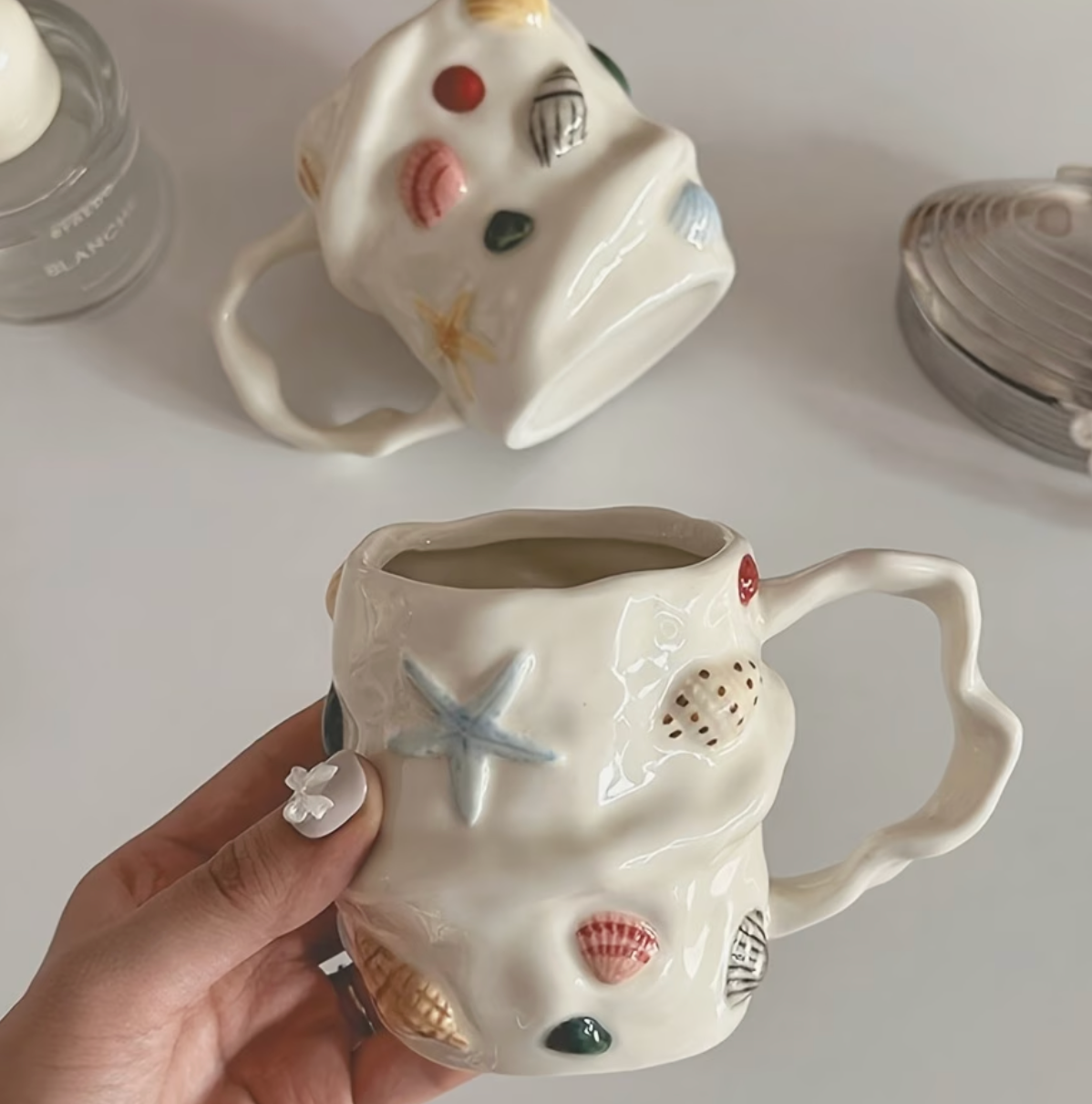 Coastal Muse | Hand-Painted Shell Ceramic Mug 1 Piece
