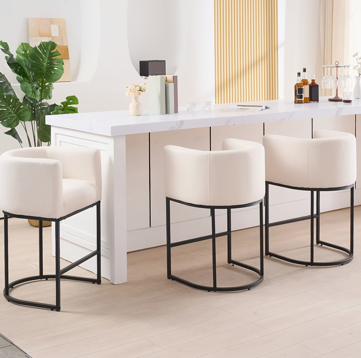 Barrel & Co. | 26" Beige Linen Bar Stools Set of 3 with Armrests