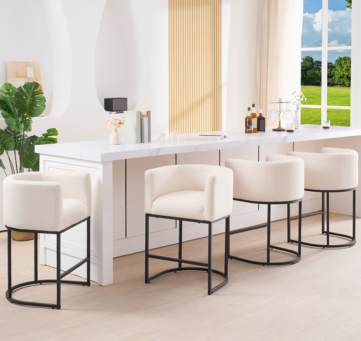 Barrel & Co. | 26" Beige Linen Bar Stools Set of 3 with Armrests