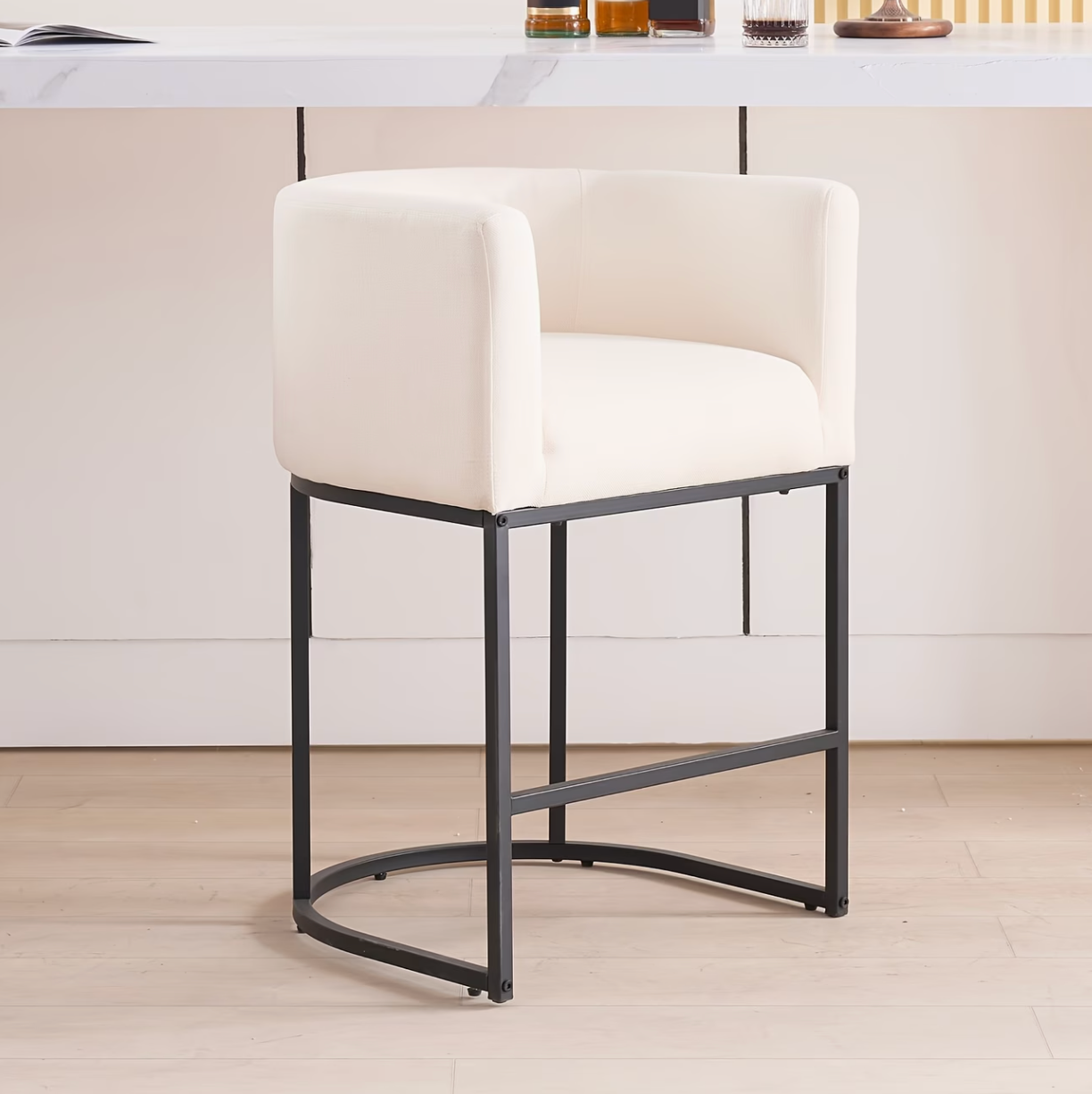 Barrel & Co. | 26" Beige Linen Bar Stools Set of 3 with Armrests