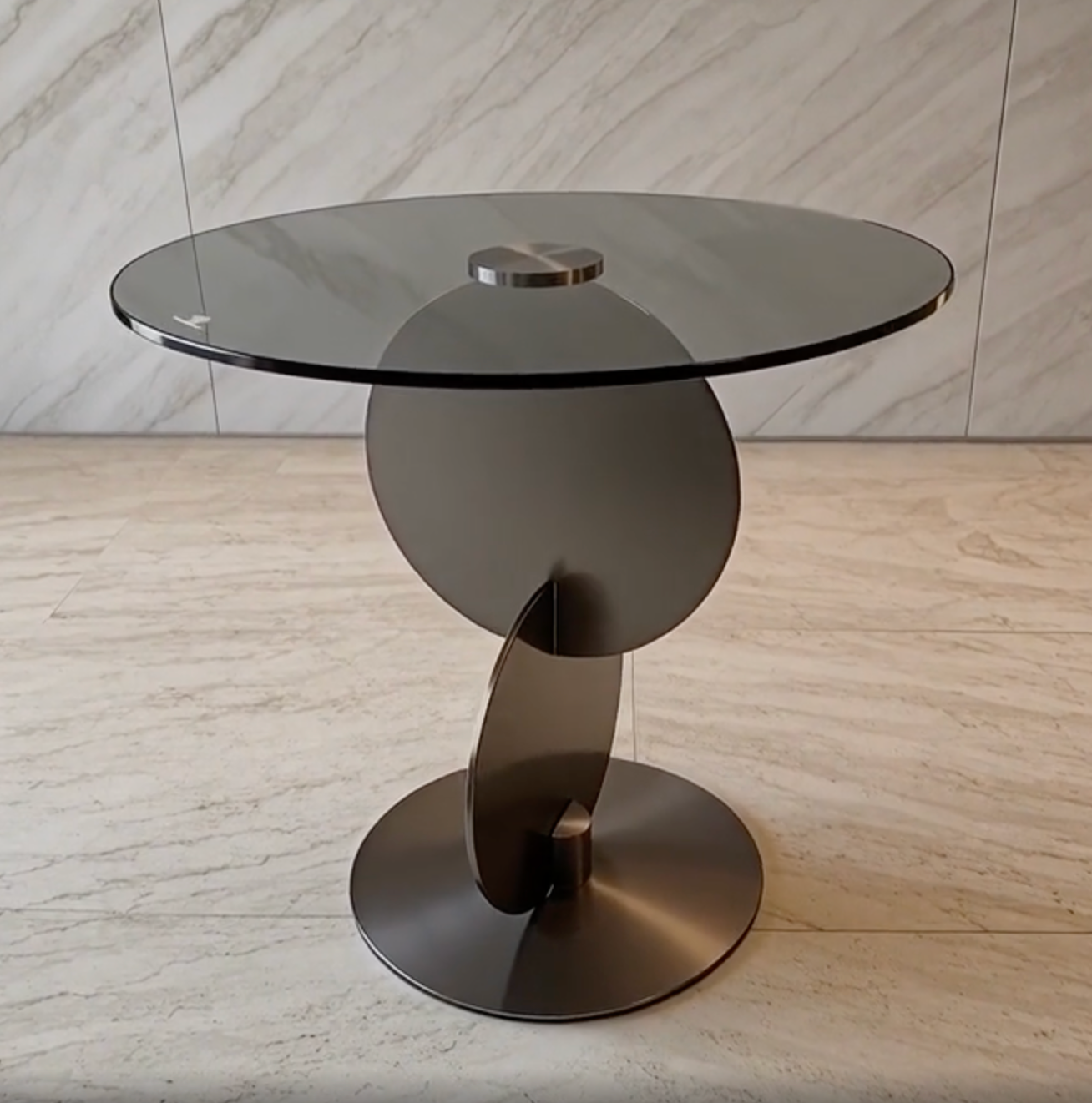 Helix & Co. | Round Grey Tempered Glass Side Table Spiral Steel Base 20"