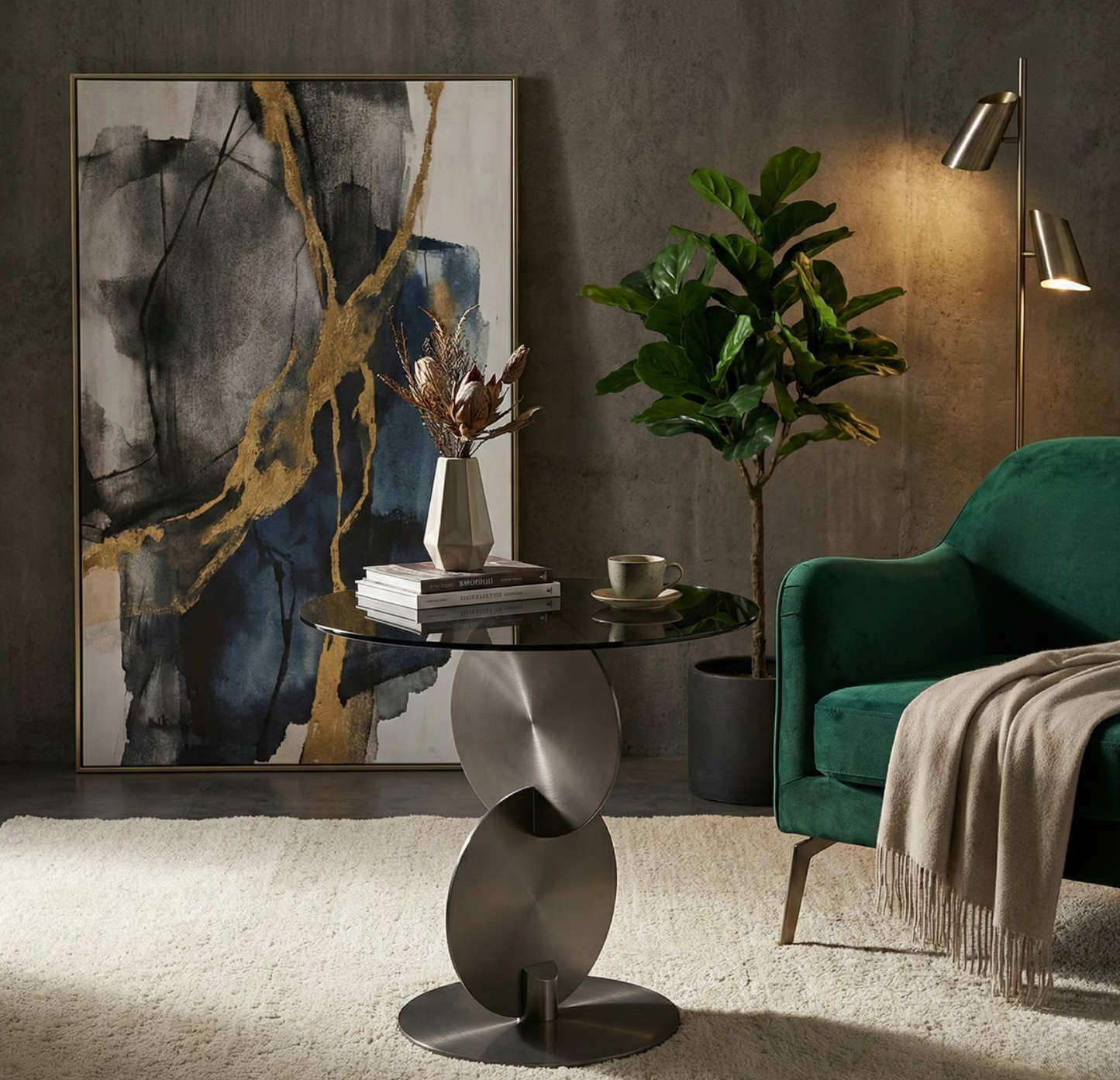 Helix & Co. | Round Grey Tempered Glass Side Table Spiral Steel Base 20"