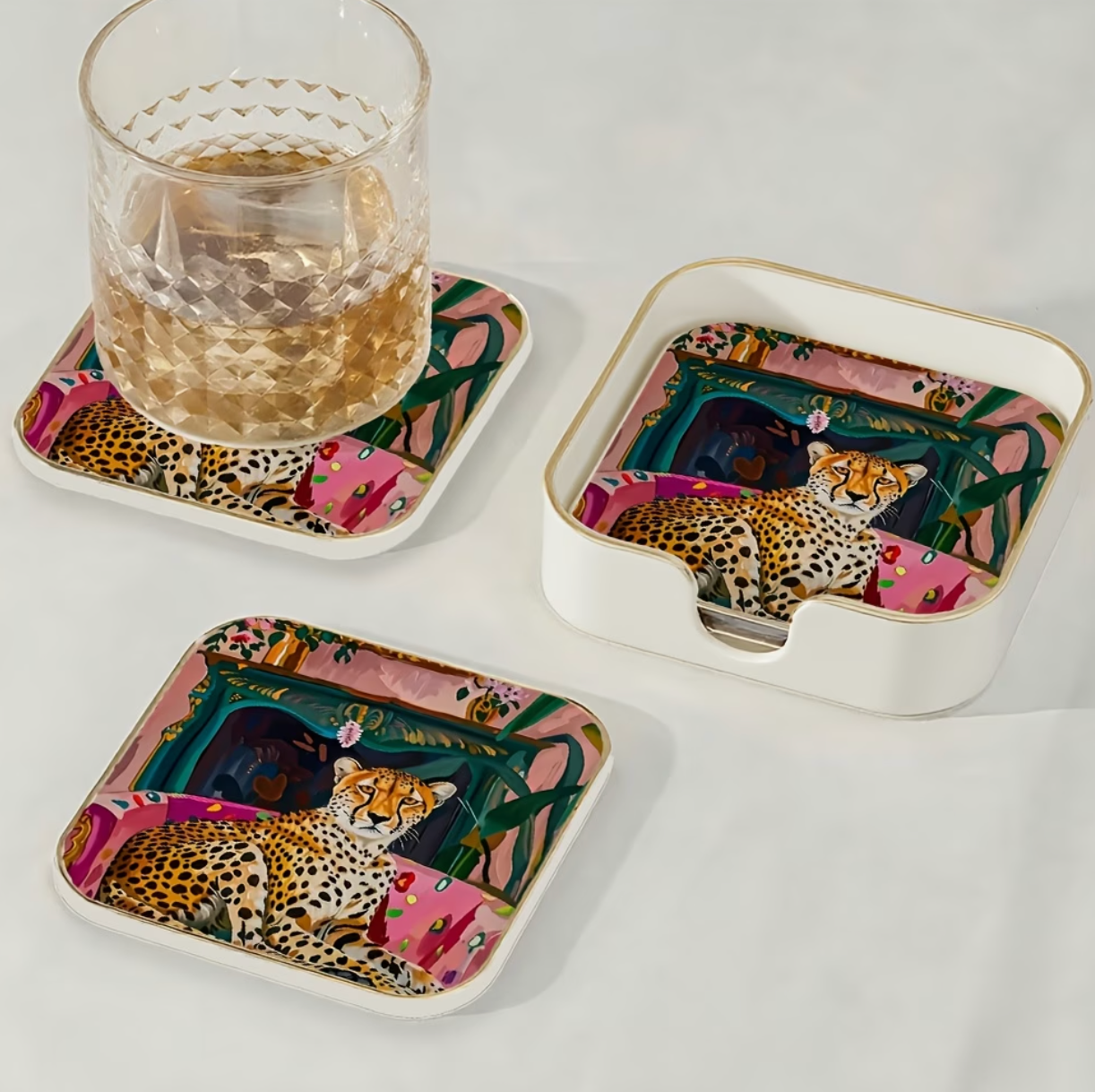 Wild & Co. | Leopard Print Glass Coasters Set of 4 Heat-Resistant