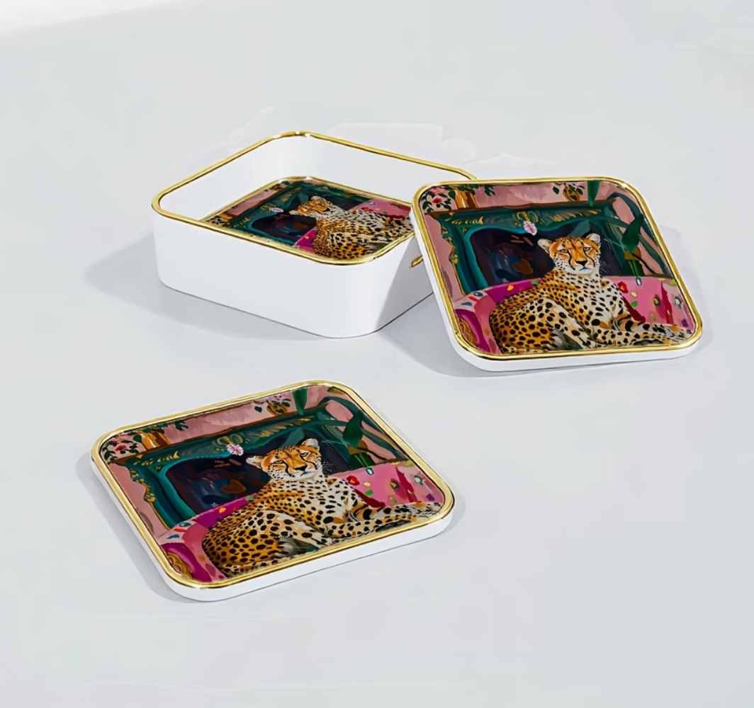 Wild & Co. | Leopard Print Glass Coasters Set of 4 Heat-Resistant