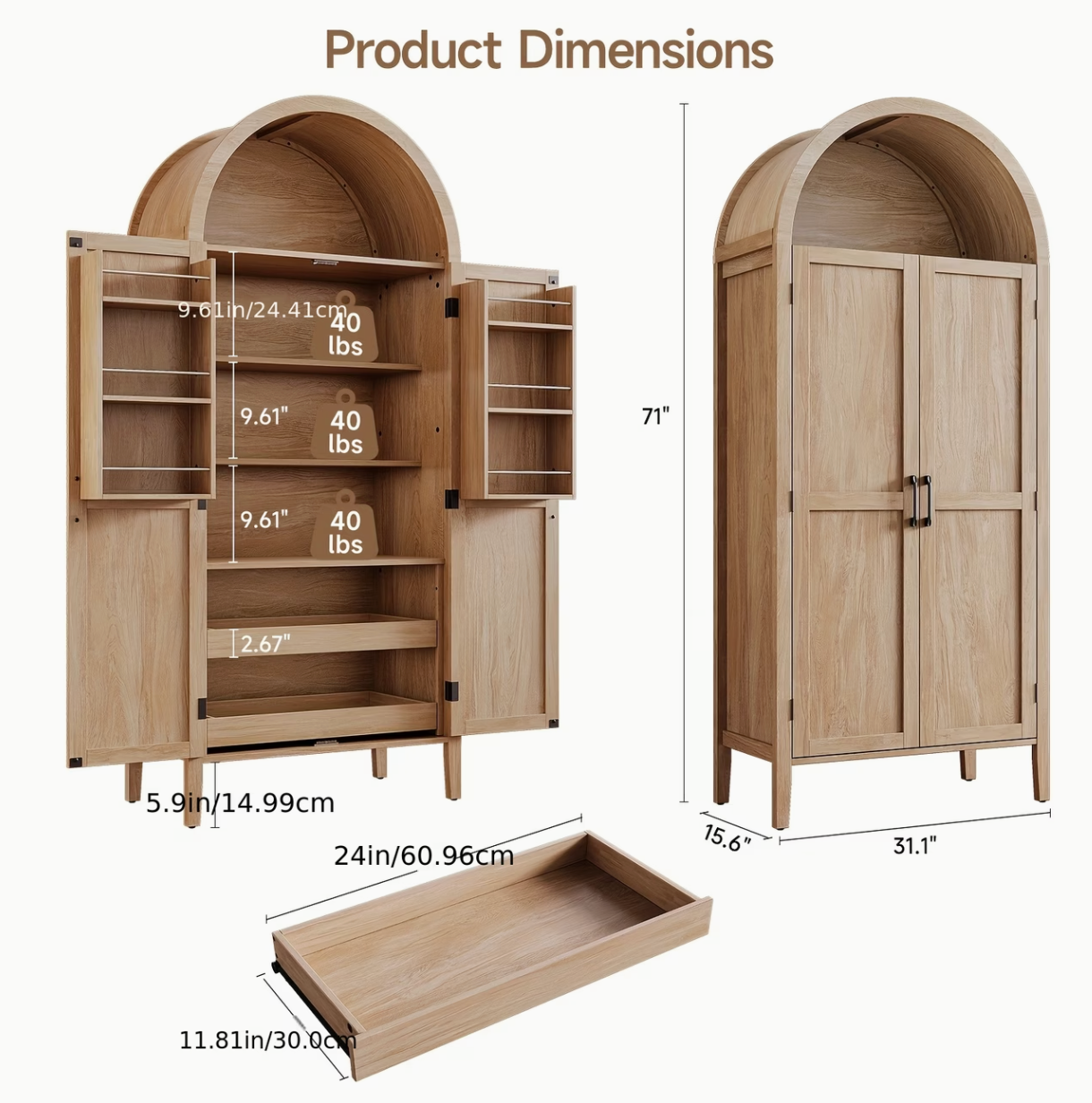Armário | 71" Arched Kitchen Pantry Cabinet with Pull-Out Shelves