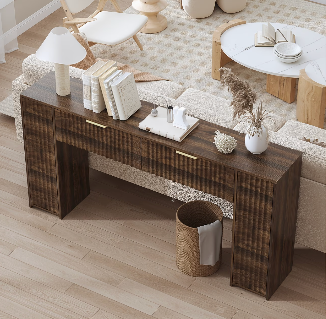 Portão | 63" Fluted Console Table with Hidden Storage Cabinets