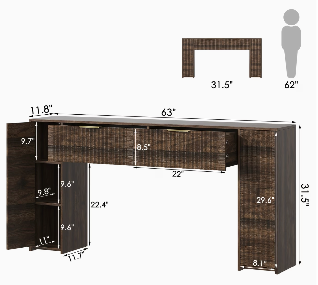 Portão | 63" Fluted Console Table with Hidden Storage Cabinets
