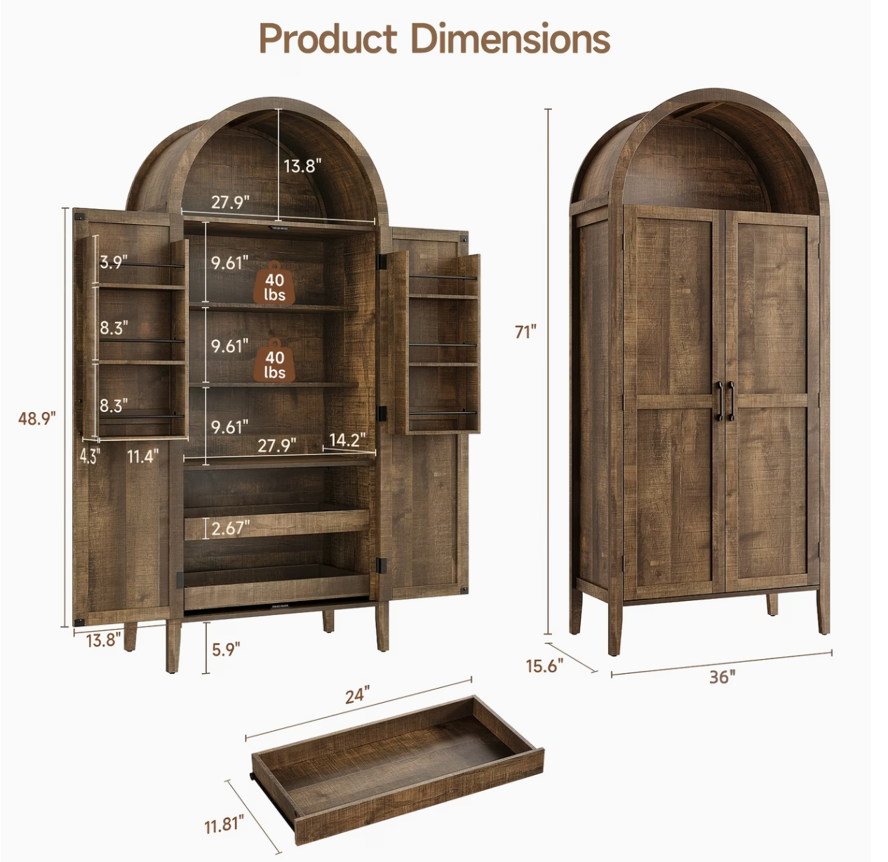 Armário | 71" Arched Kitchen Pantry Cabinet with Pull-Out Shelves